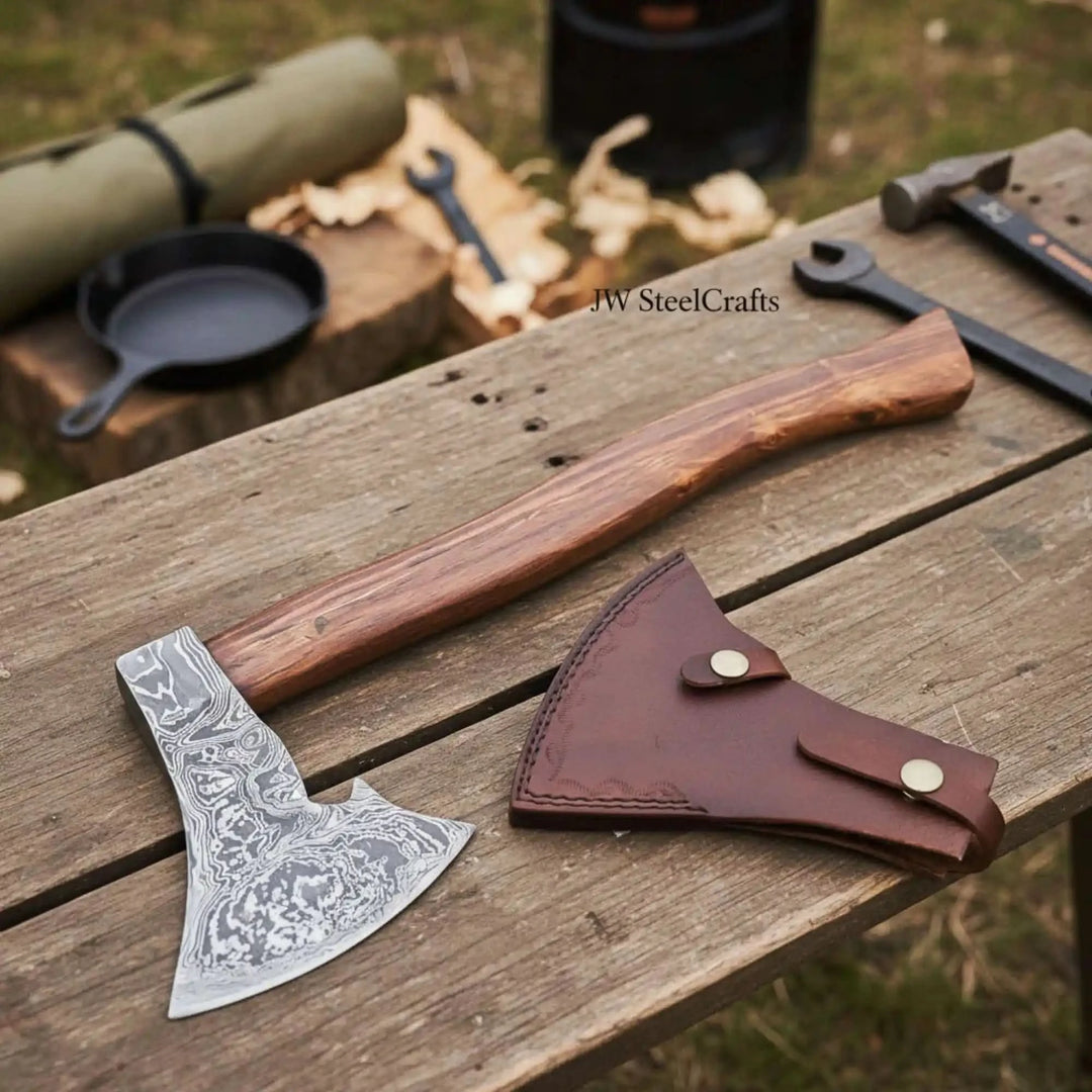     Leather sheath Damascus axe with decorative layered steel blade and handcrafted hardwood handle outdoors.