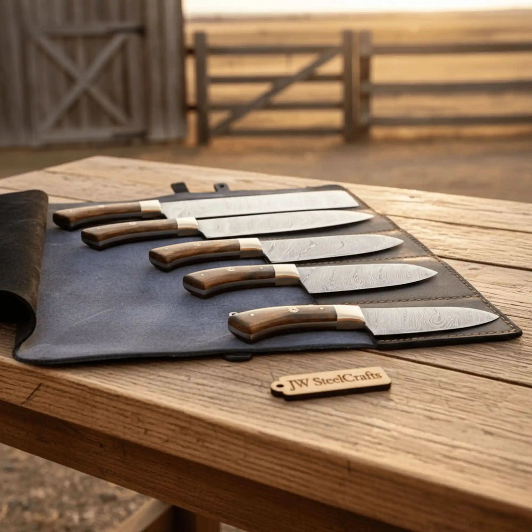 Handcrafted chef knife lineup arranged horizontally on black leather organizer outdoors.