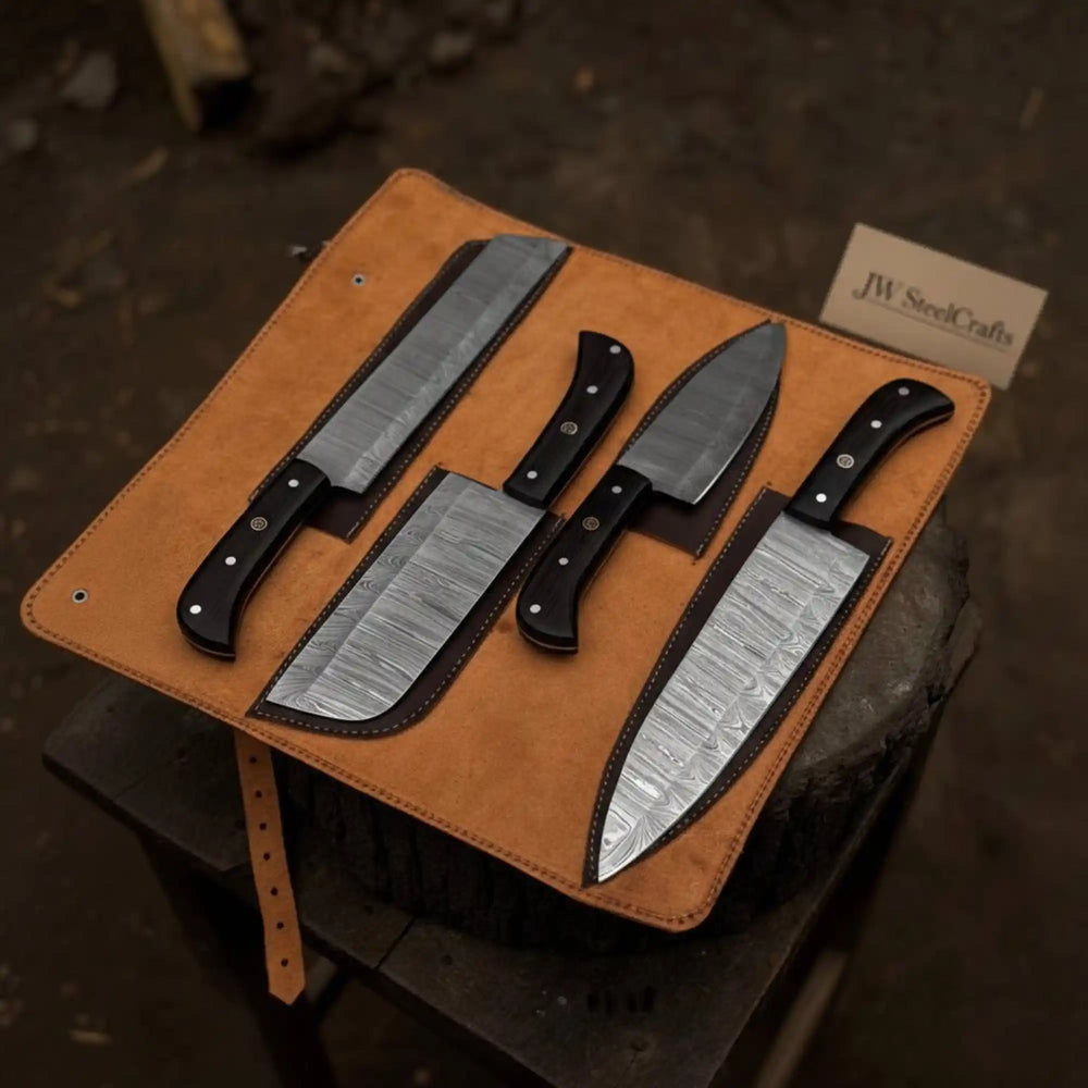 Diagonal arrangement of chef slicing and utility knives with ebony wood handles