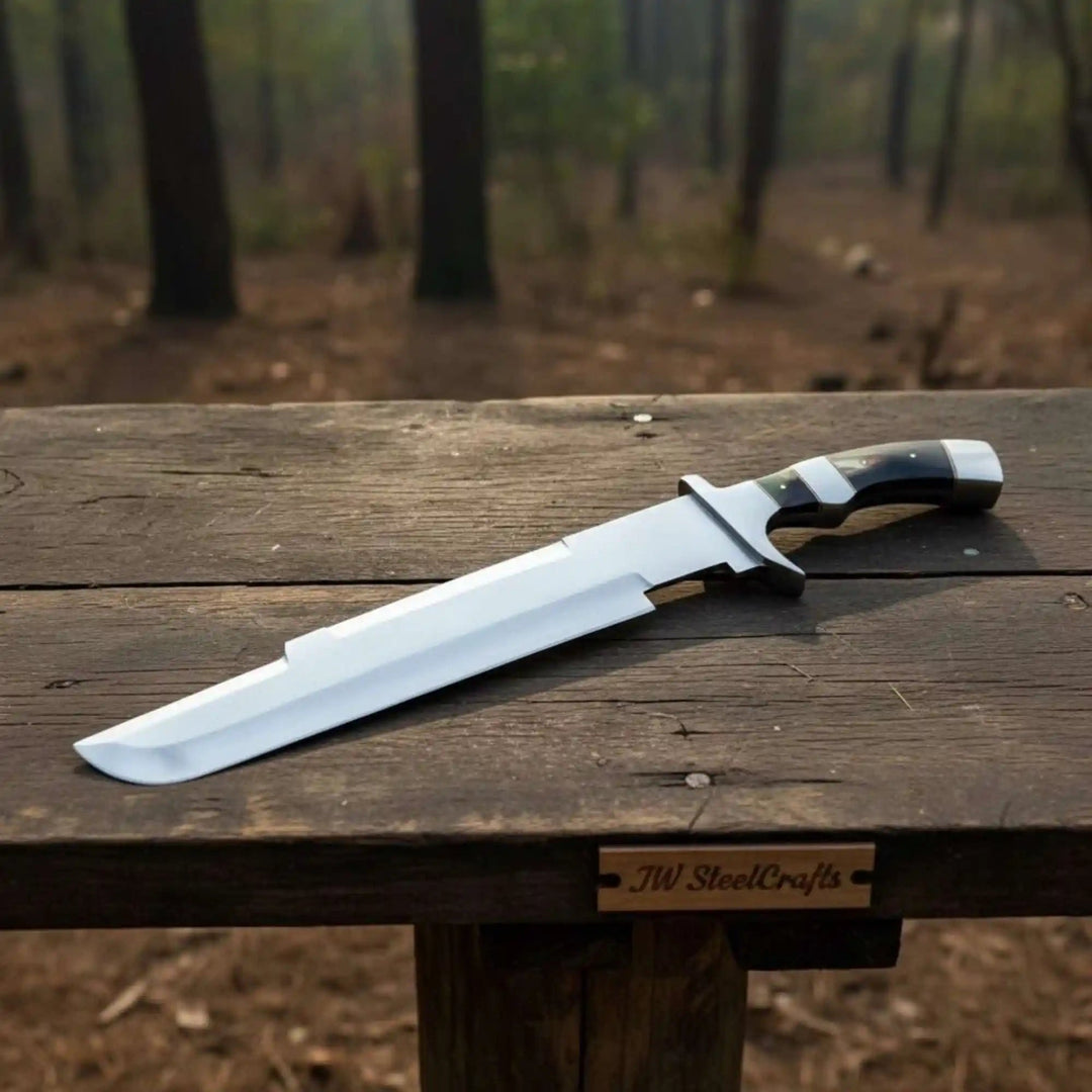     Artisan long blade knife with polished finish placed on rustic woodland picnic table