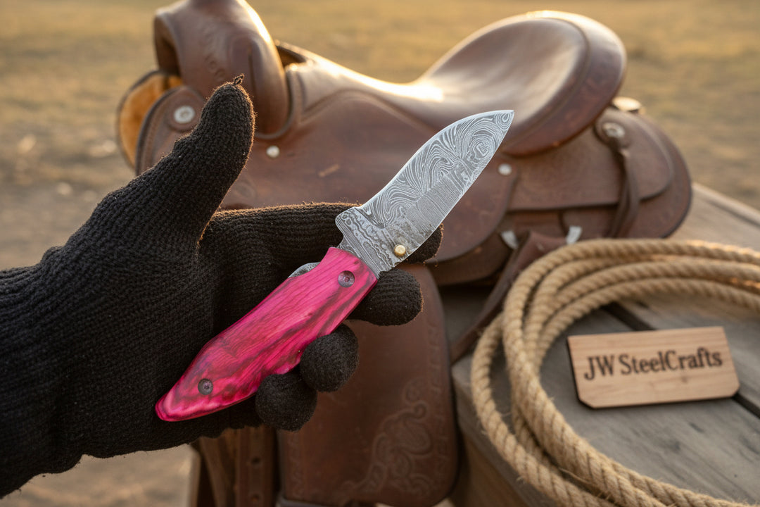 Pakka Wood Handmade Damascus Steel Folding Hand Holding A Knife With A Pink Handle Over A Leather Saddle And Rope