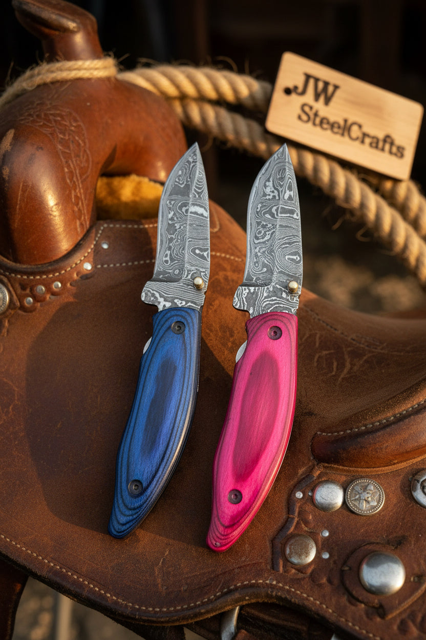Pakka Wood Handmade Damascus Steel Skinner Knife Two Knives With Pink And Blue Handles On A Leather Surface
