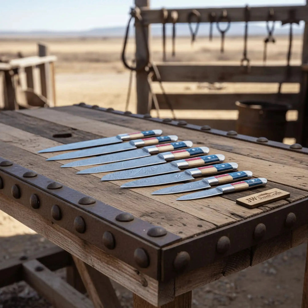 Professional culinary blade collection featuring coordinated patriotic grips and polished metallic blade finishes.
