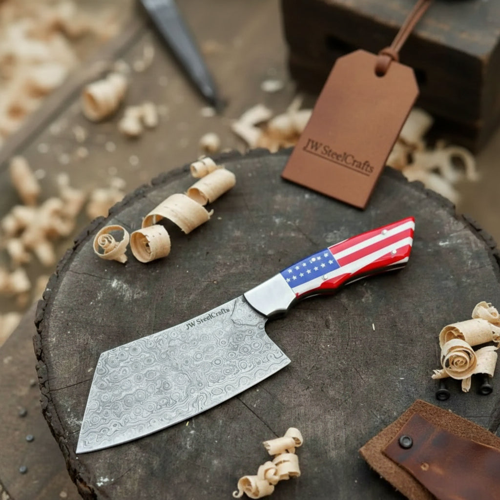USA flag Damascus chopper knife featuring red white blue handle and broad textured blade