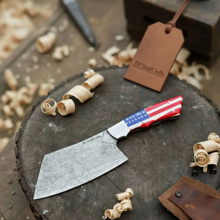 USA flag Damascus chopper knife featuring red white blue handle and broad textured blade