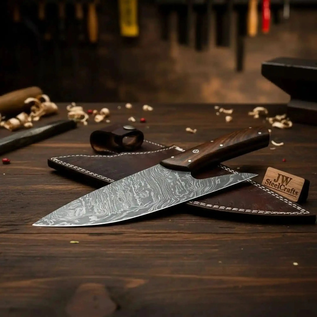 Decorative Damascus kitchen blade case with stitched brown leather and handle rivets