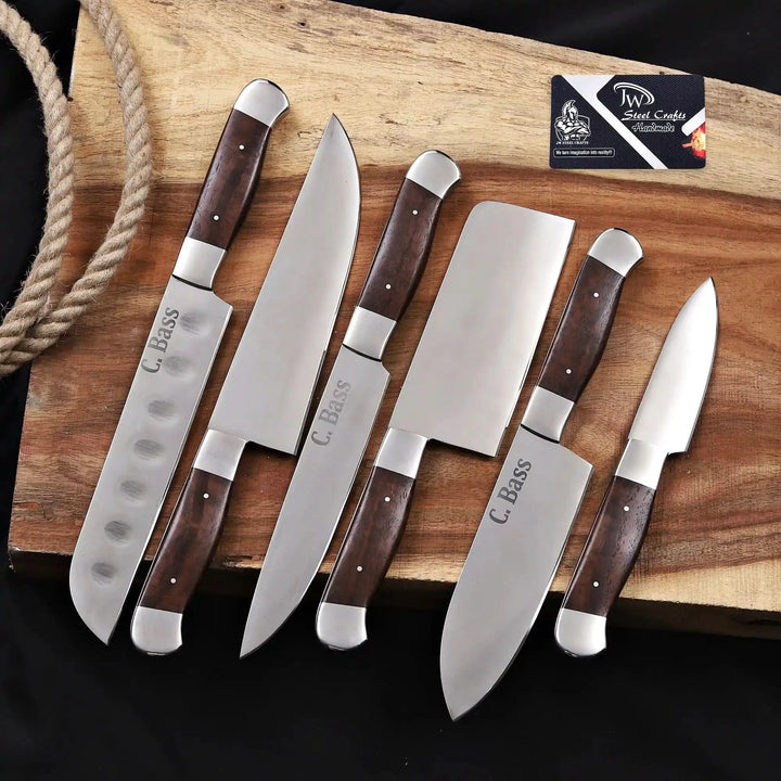 Handmade 6 piece chef knife set with full tang kitchen knives displayed on wooden board
