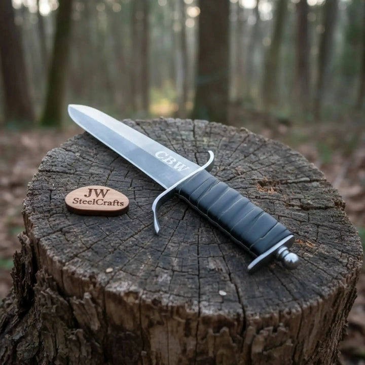 A bespoke dagger with custom engraved initials on the blade, black wrapped ribbed grip, and silver crossguard, photographed on a rustic stump in a woodland setting.