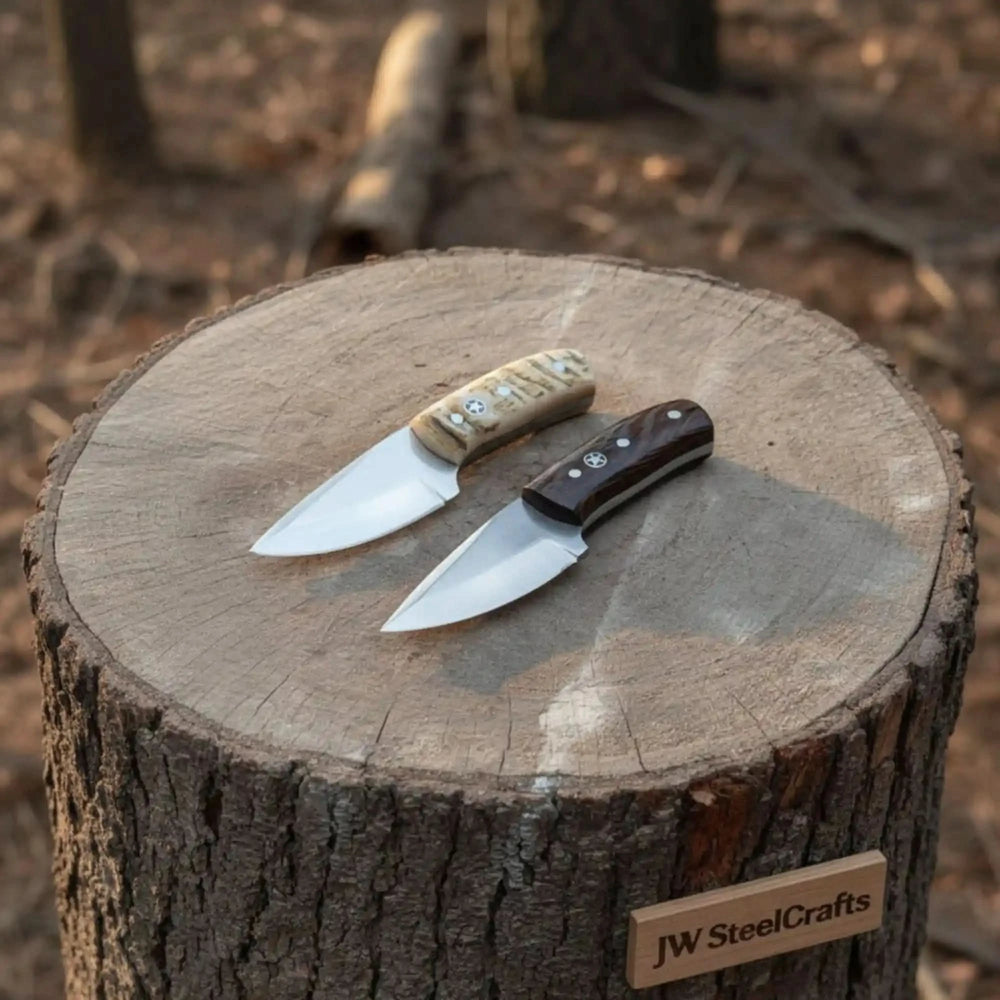 Handmade outdoor knife with brown sheath, bone style grip, white handle pins, and short polished blade.