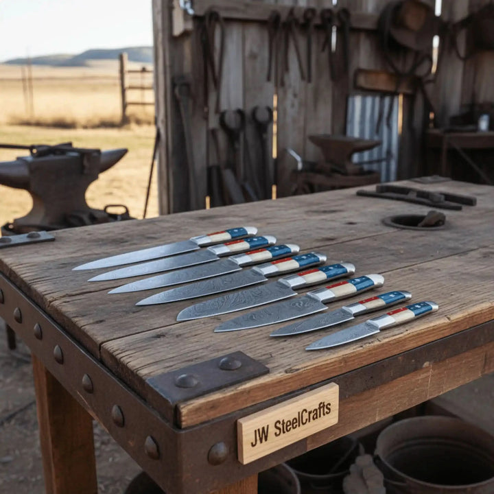 Rustic chef cutlery display captured in warm natural lighting with blurred ranch workshop tools in background.