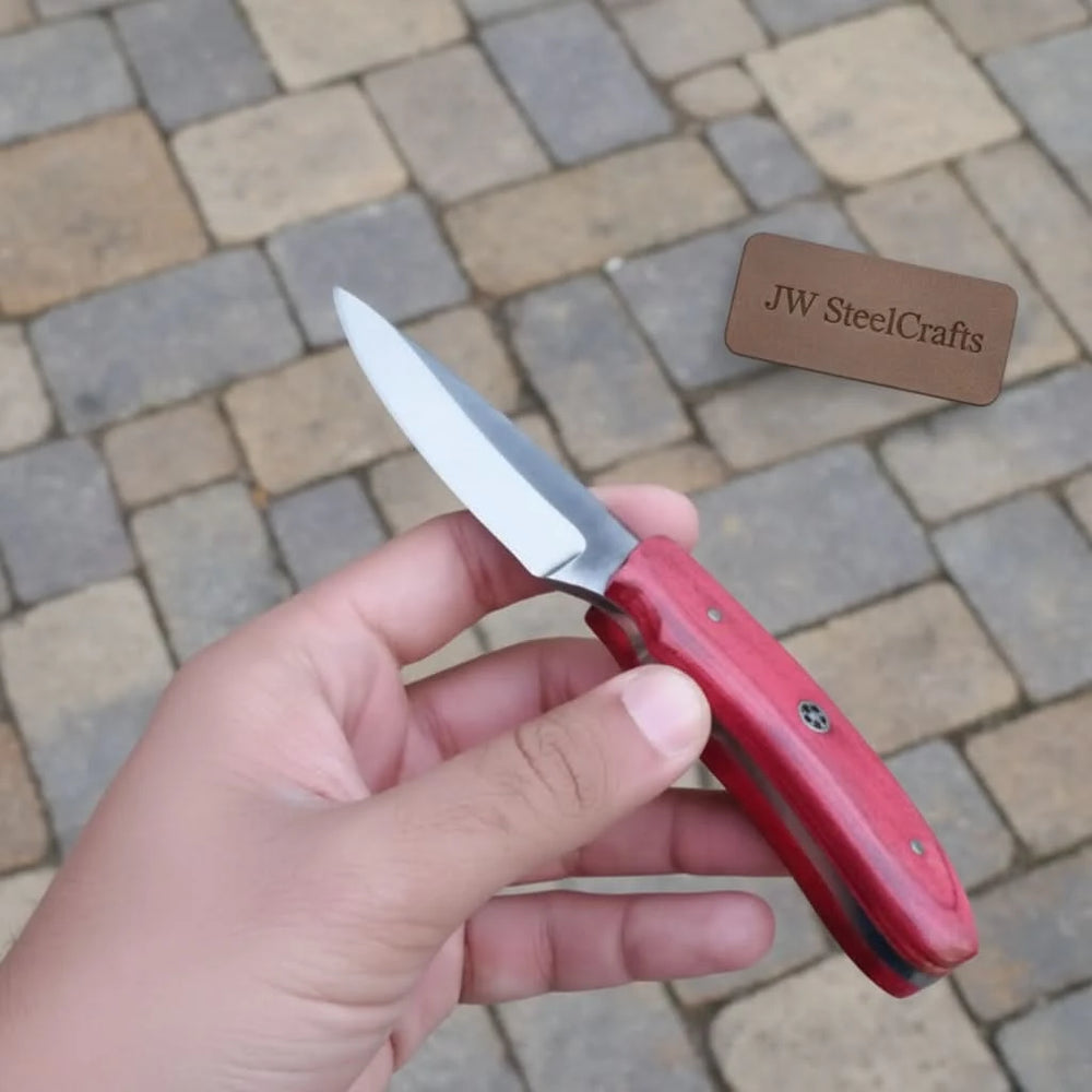 Compact hunting knife with red handle, polished steel blade, decorative mosaic pin, and forest product photography.