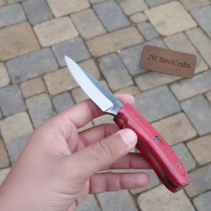 Compact hunting knife with red handle, polished steel blade, decorative mosaic pin, and forest product photography.
