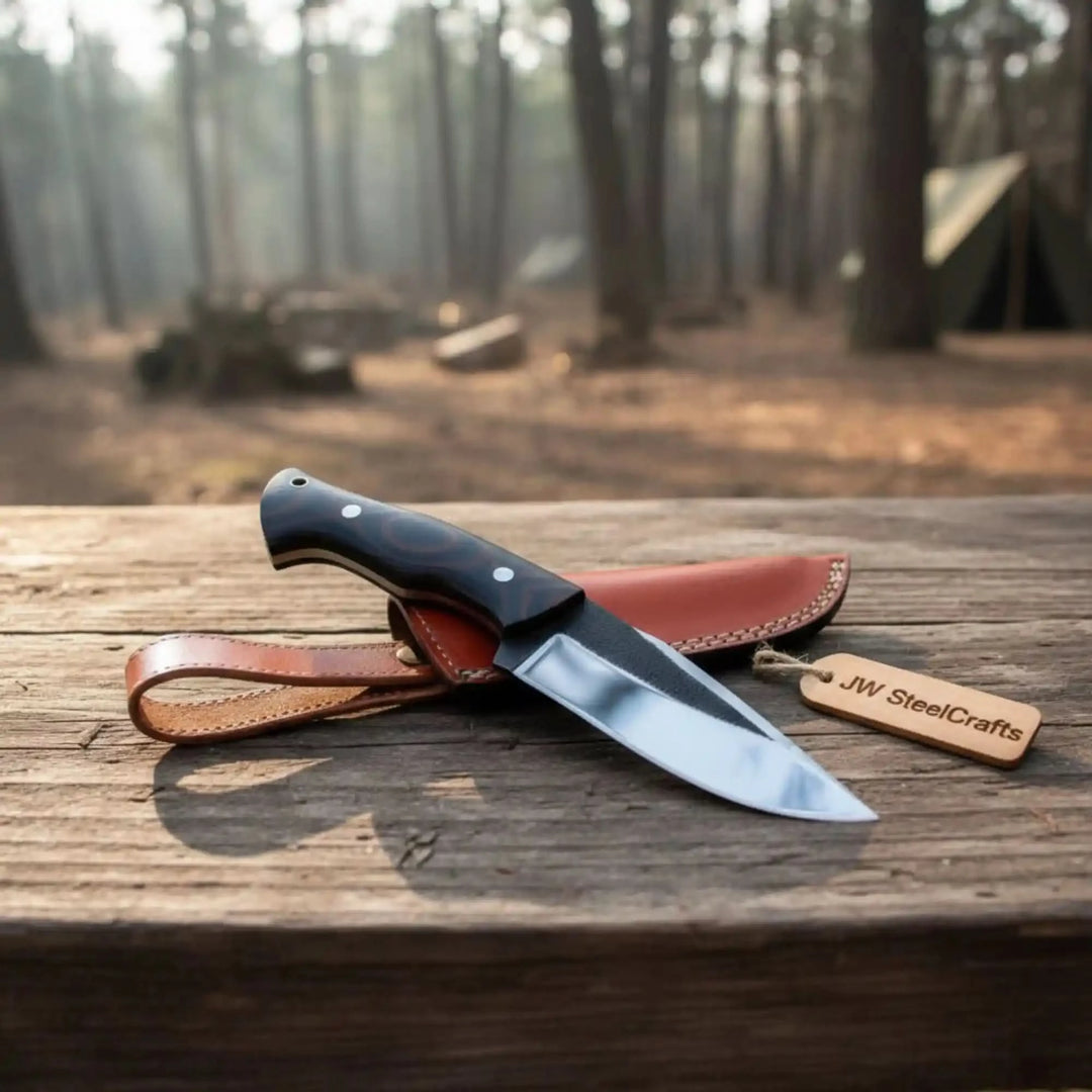 Black handle polished field knife with silver pins, brown sheath, lanyard hole, and JW SteelCrafts tag on weathered wood.