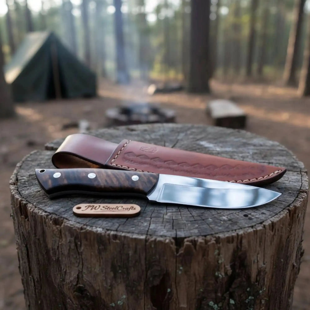 Brown leather sheath knife with wood grip, polished blade, white handle pins, and light wooden tabletop.