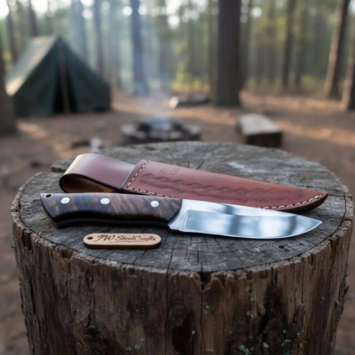 Brown leather sheath knife with wood grip, polished blade, white handle pins, and light wooden tabletop.