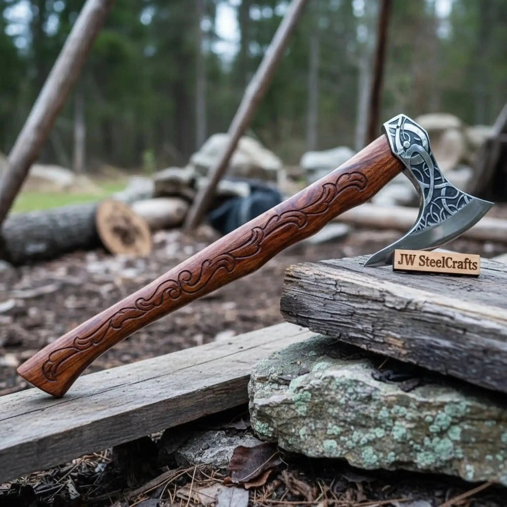     Artisan Celtic camp axe with detailed engraved blade design and premium walnut handle beside rustic timber logs.