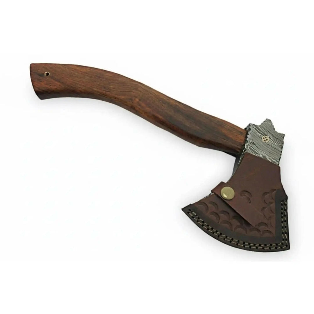 Striking Damascus double-bit axe with symmetrical patterned steel blades and ergonomic curved wooden handle.