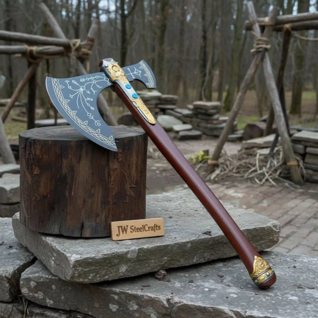 Three-quarter angle view of a premium Celtic battle axe with ornate symbols, gold detailing, and engraved double blades in woodland scenery.