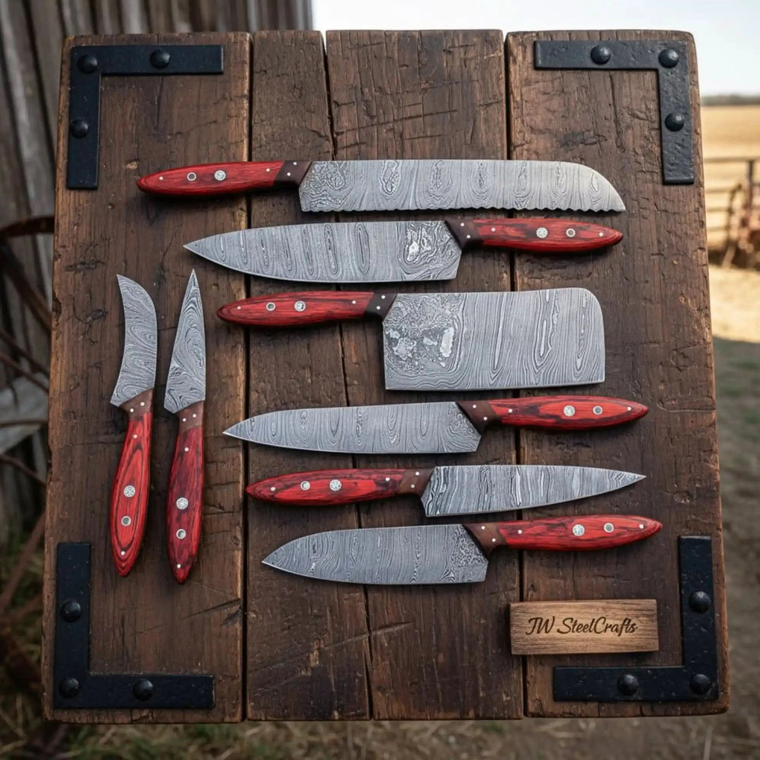 Elegant Damascus steel kitchen knives captured from overhead perspective highlighting layered steel grain and rich red woodgrain handles.