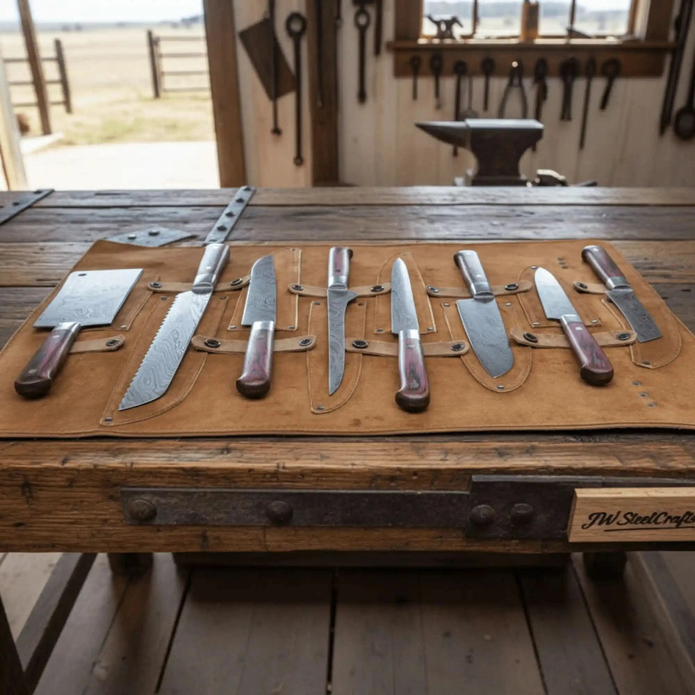 Rustic leather knife organizer displaying multiple handcrafted culinary blades in symmetrical flatlay composition.