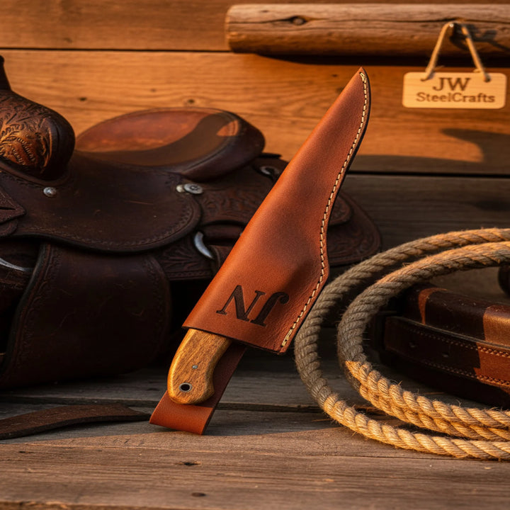Premium Damascus Custom Fillet Knife Brown Leather Knife Sheath With Initials On A Wooden Surface With A Saddle And Rope.
