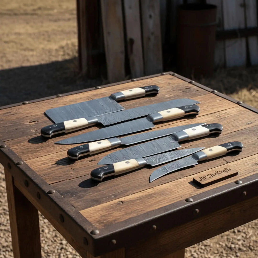 Seven Damascus steel kitchen knives arranged horizontally on white background with black and ivory two tone handles.