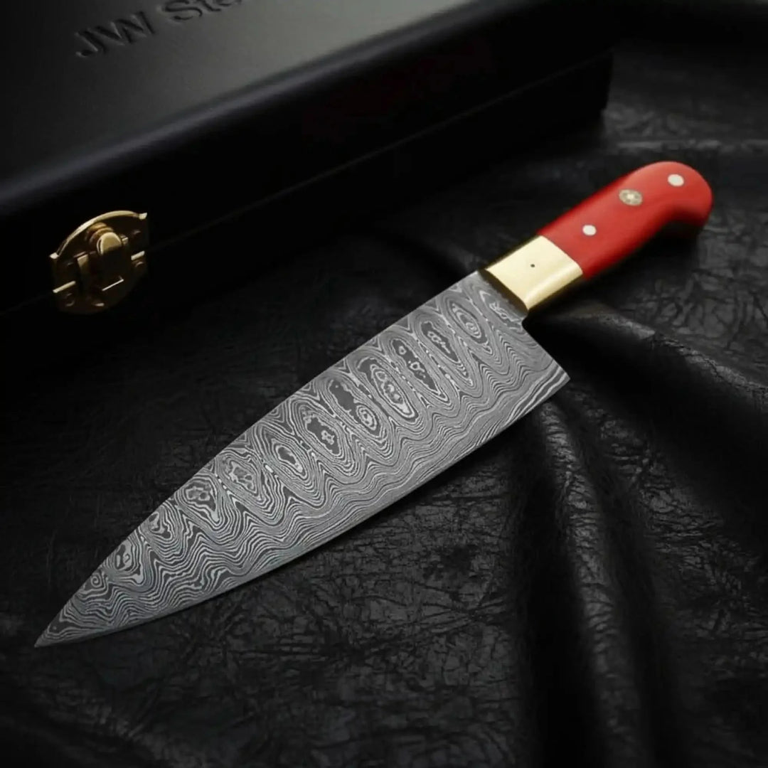 Premium Damascus Steel Gyuto Chef Knife Damascus Knife With Red Handle On A Black Leather Surface
