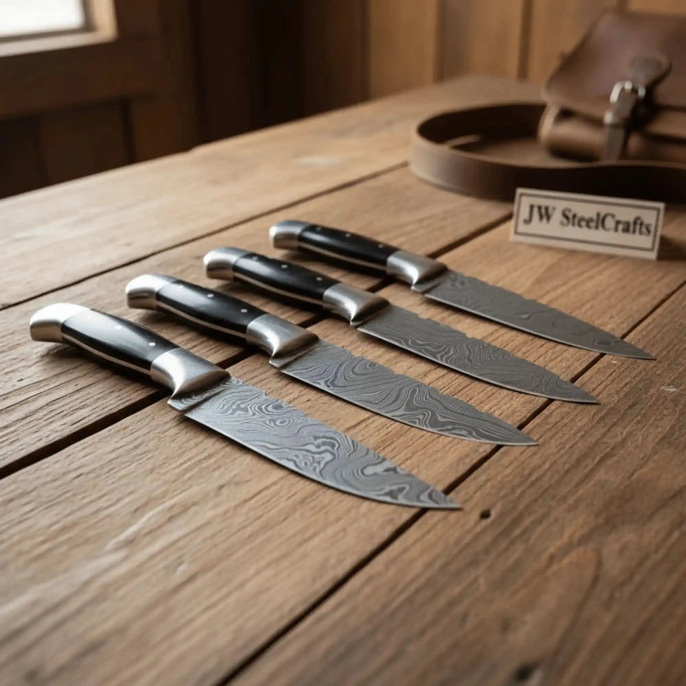 Premium Damascus Steel Hunting Knife Set — Full Tang Bushcraft & Field Knives with Sheath handmade Handmade Chef Knife Sets by JW SteelCrafts