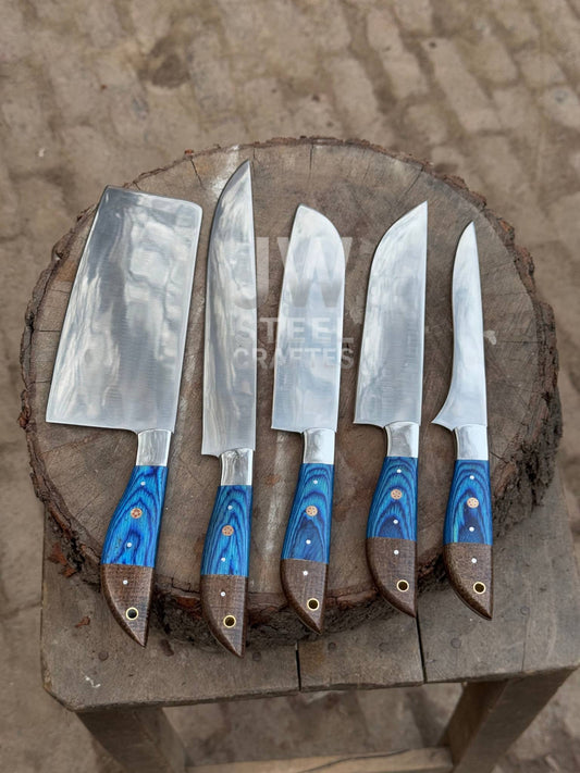 Hand-Forged Custom Kitchen Knife Set – 5 Piece Chef & Butcher Collection with Blue Wood Handles