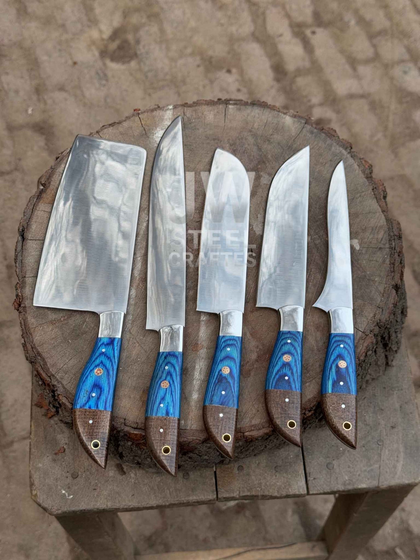 Handmade Damascus Kitchen Knife Set – 5 Piece Chef & Butcher Collection with Blue & Wood Handles
