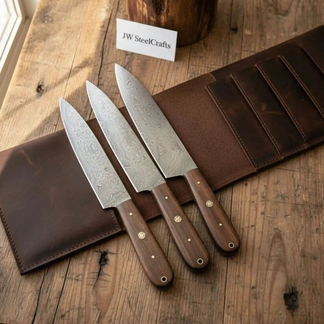 Durable leather chef knife roll with secure storage sleeves and polished culinary presentation.