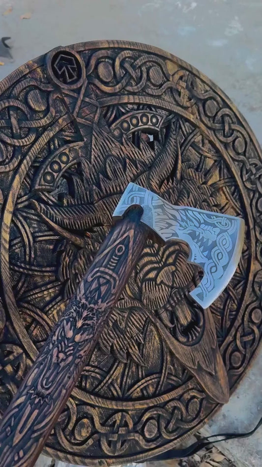 Handmade Viking Axe with Wolf Engraving & Wooden Shield – Norse Collectible Set