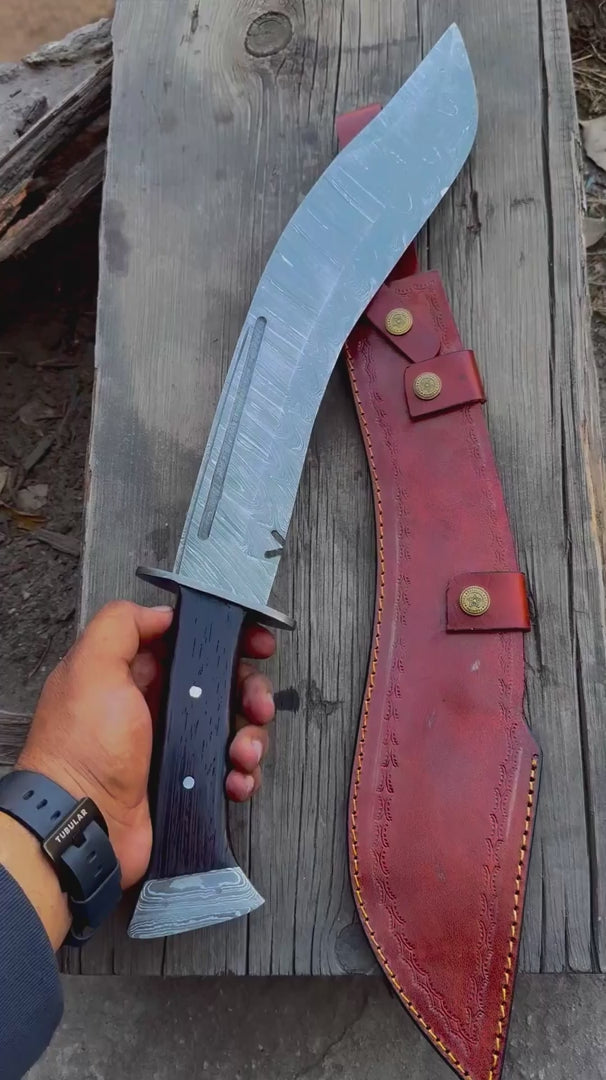Handmade Damascus Kukri Knife with Leather Sheath