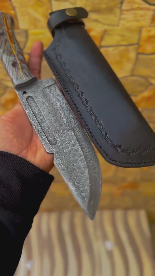 Damascus Hunting Knife with Grey Pinecone Handle | Full Tang + Black Leather Sheath