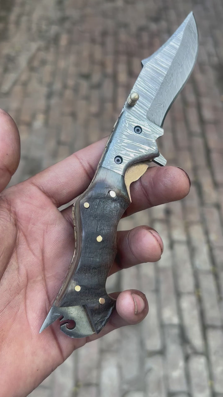 Grithorn Damascus Folder 7" Handmade Horn Handle Lock Back Mechanism