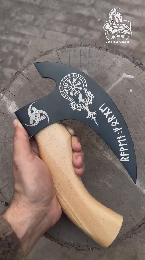 Product: Viking Style Engraved Bearded Axe – Oak Wood Handle