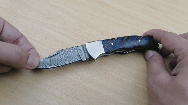 Handmade Damascus Folding Knife with Pakka Wood Handle &amp; Leather Sheath