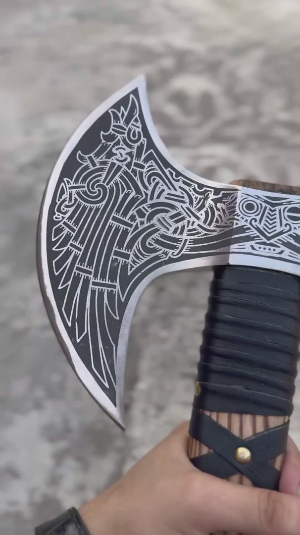 Hand Engraved Double Headed Viking Axe with Nordic Knotwork and Leather Wrapped Handle