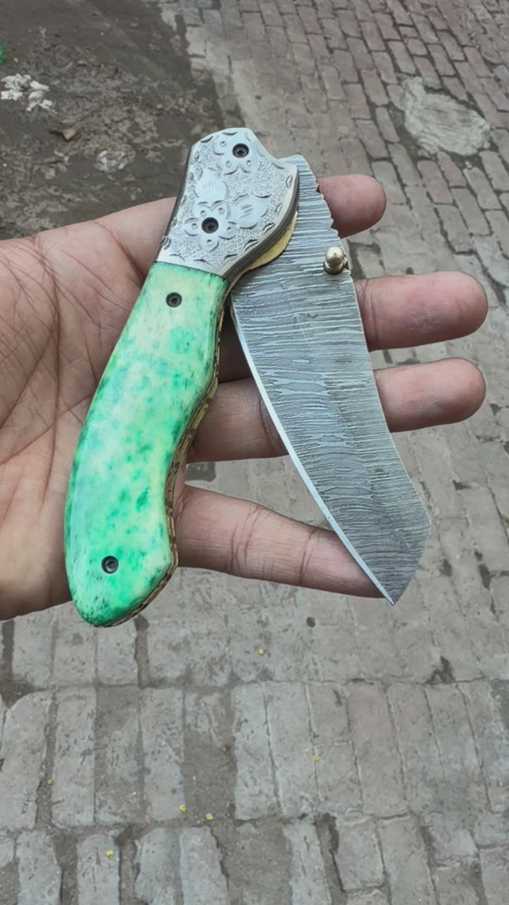 Jadeline Damascus Folder 7" Handmade Turquoise-Green Resin Handle