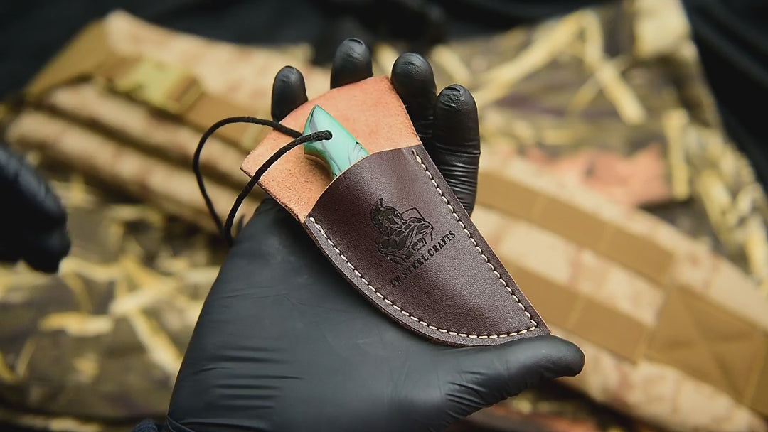 Neck Knife with Leather Sheath – Mini Damascus Pattern Blade | Green Resin Handle | JW SteelCrafts