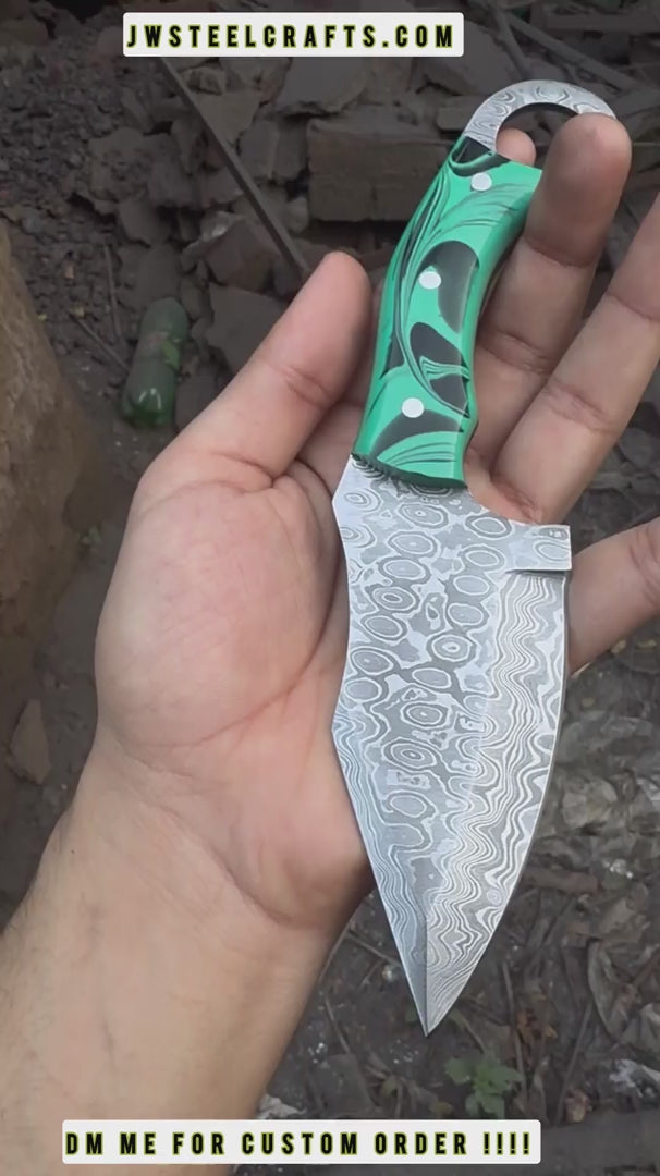 Handcrafted Damascus Steel Ring Handle Outdoor Utility Knife – Resin Grip – JW SteelCrafts