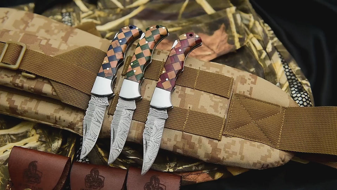 Handmade Damascus Folding Knife – Checker Pattern Wood Handle (Red, Green, Blue) with Leather Sheath