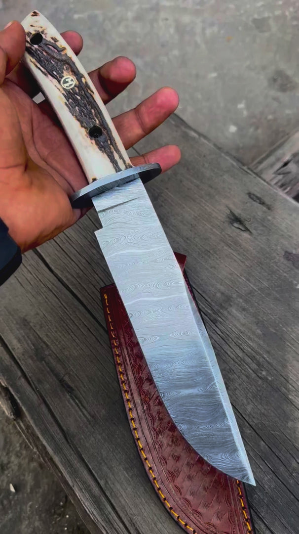 Stag Handle Damascus Hunting Knife Handmade Bowie Knife