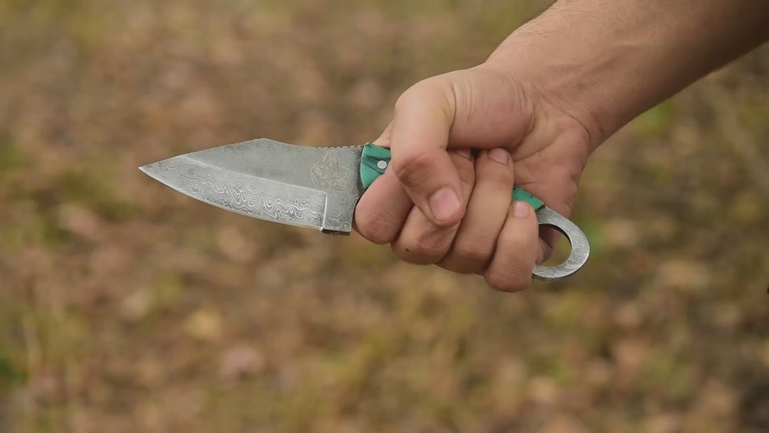 Handcrafted Damascus Steel Ring Handle Outdoor Utility Knife – Resin Grip – JW SteelCrafts