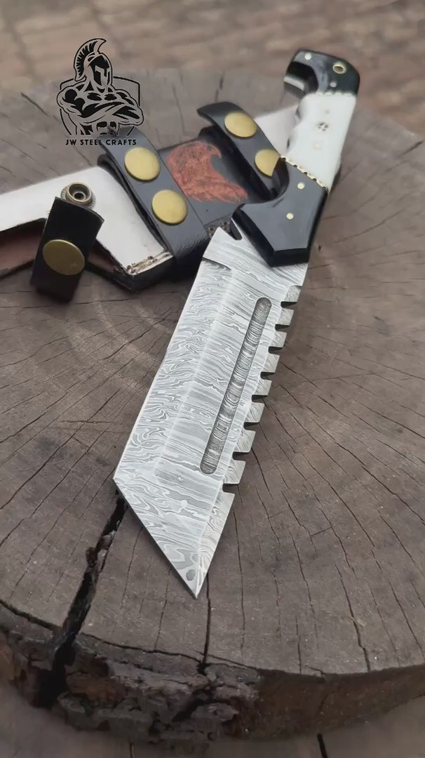 Handmade 10–11 Inch Damascus Tracker Outdoor Utility Knife – Black &amp; White Resin Handle