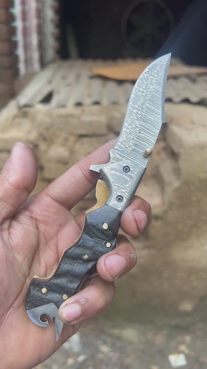 Grithorn Damascus Folder 7" Handmade Horn Handle Lock Back Mechanism