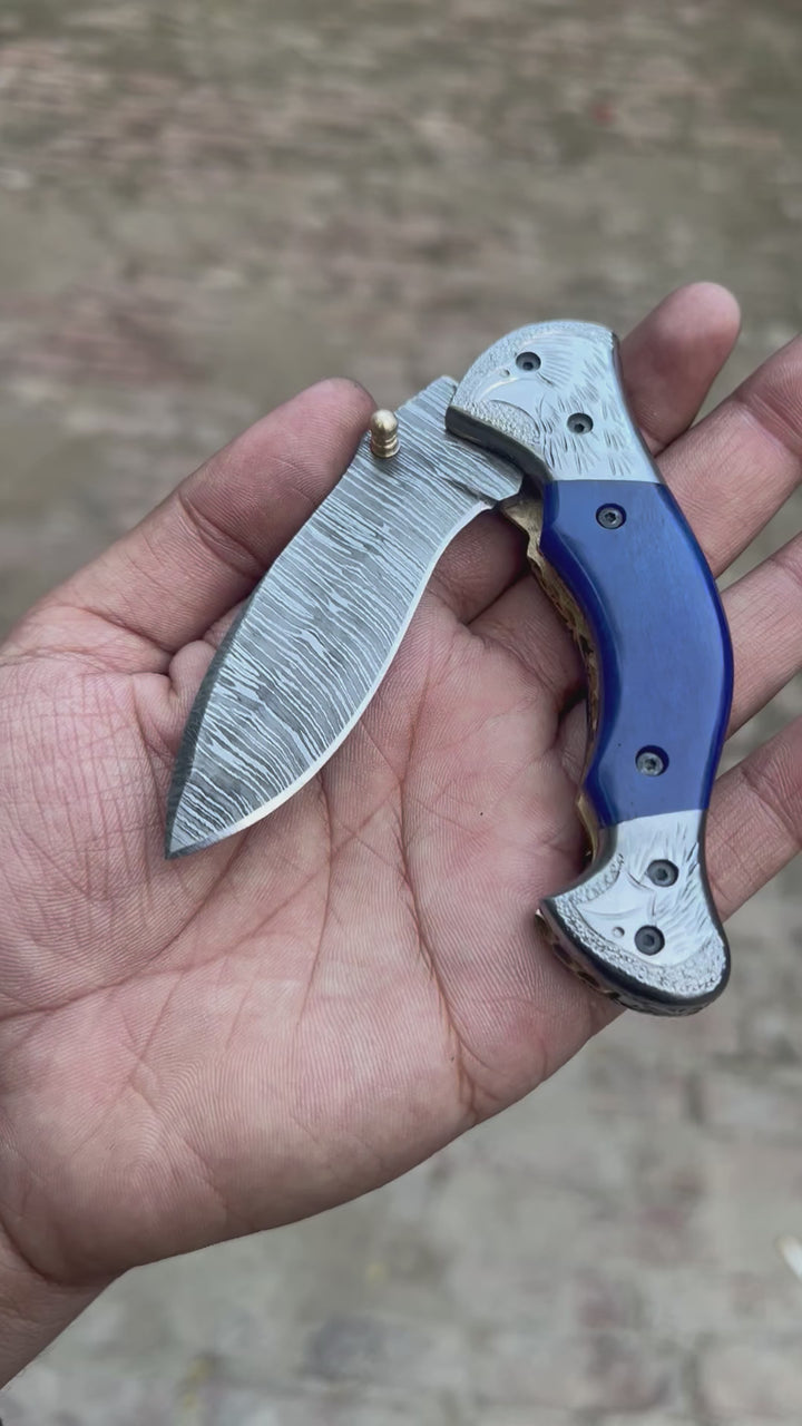 Silverline Ridge Curved Folder Knife 8" Handmade Damascus Steel Resin Handle