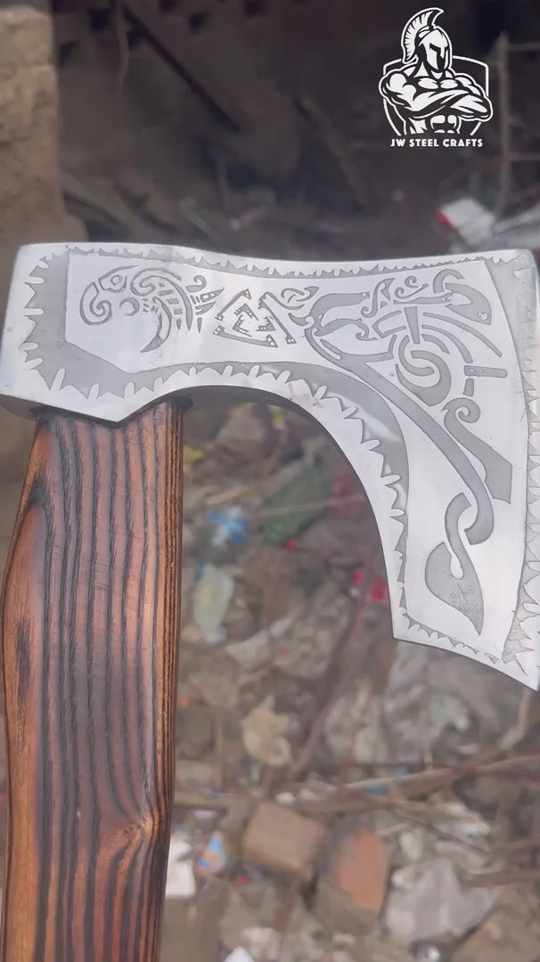 Hand Forged Carbon Steel Viking Axe with Carved Ash Wood Handle and Leather Grip