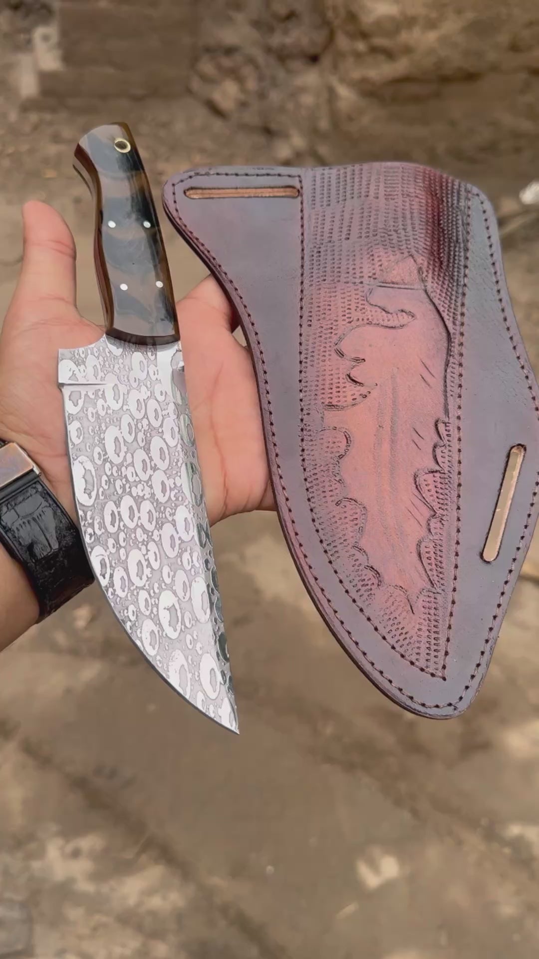 Hand-Forged Hammered Blade Knife | Walnut Grip &amp; Belt Sheath