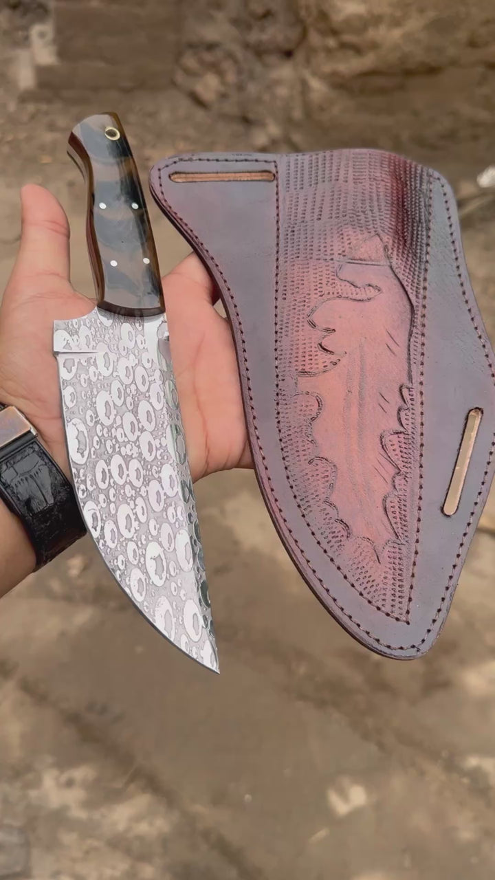 Hand-Forged Hammered Blade Knife | Walnut Grip &amp; Belt Sheath